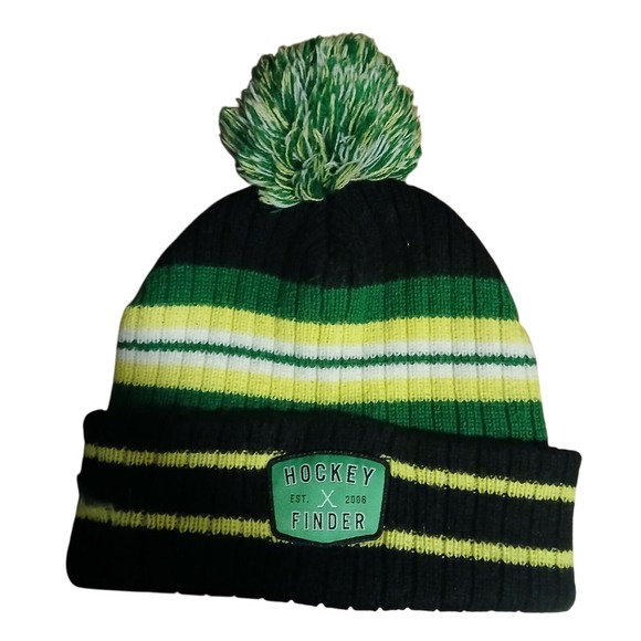 Black, Yellow, Green & White Stripe Hockey Finder Knit Winter Hat Adult OSFM#689 - Picture 1 of 5